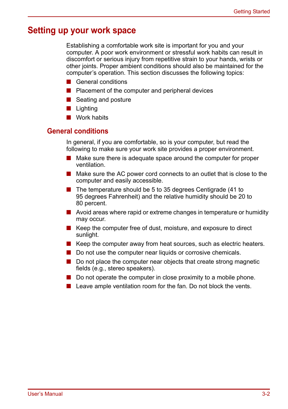 Setting up your work space, Setting up your work space -2, General conditions | Toshiba Equium A100 (PSAAB) User Manual | Page 51 / 187