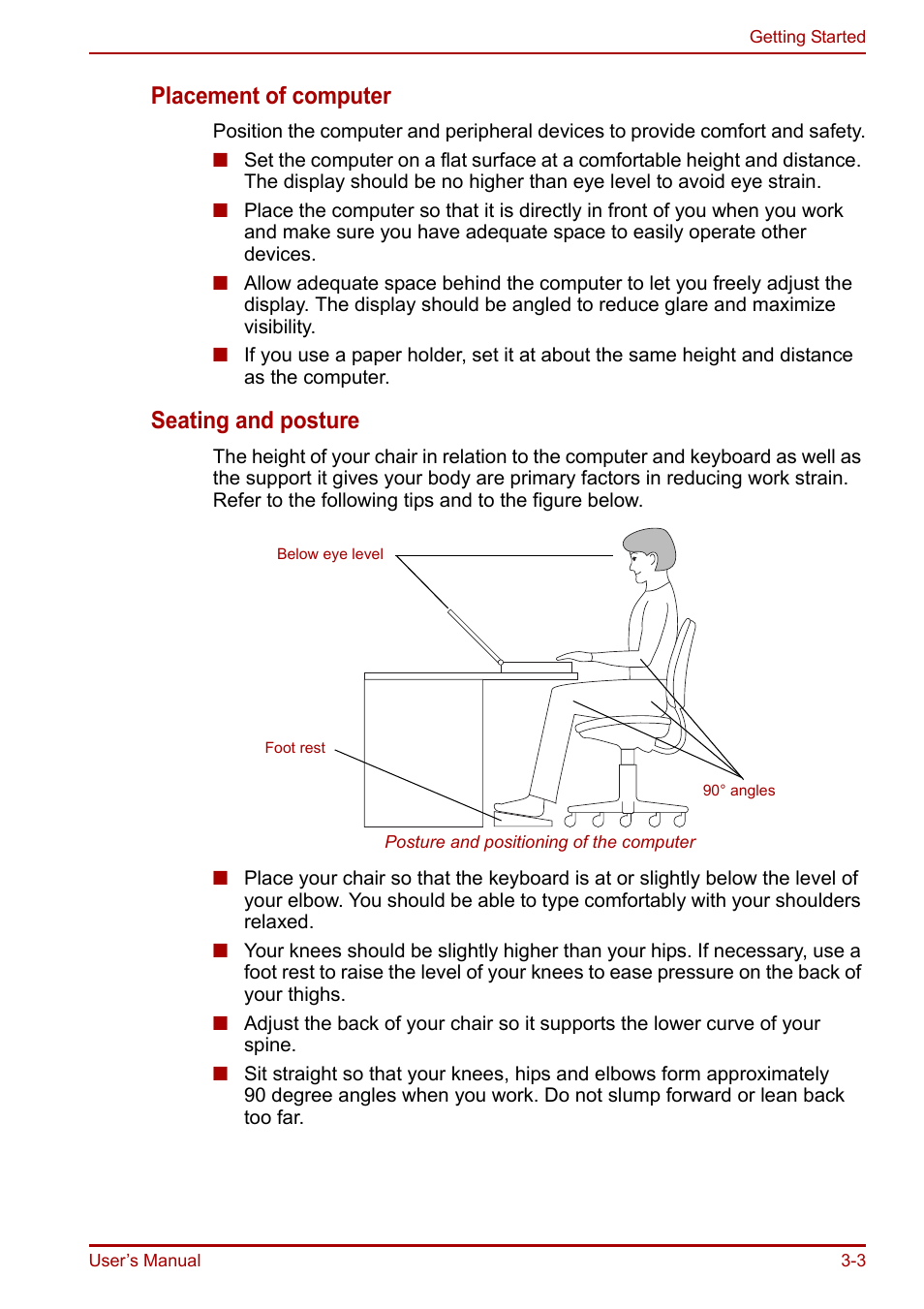 Placement of computer, Seating and posture | Toshiba Equium A100 (PSAAB) User Manual | Page 52 / 187