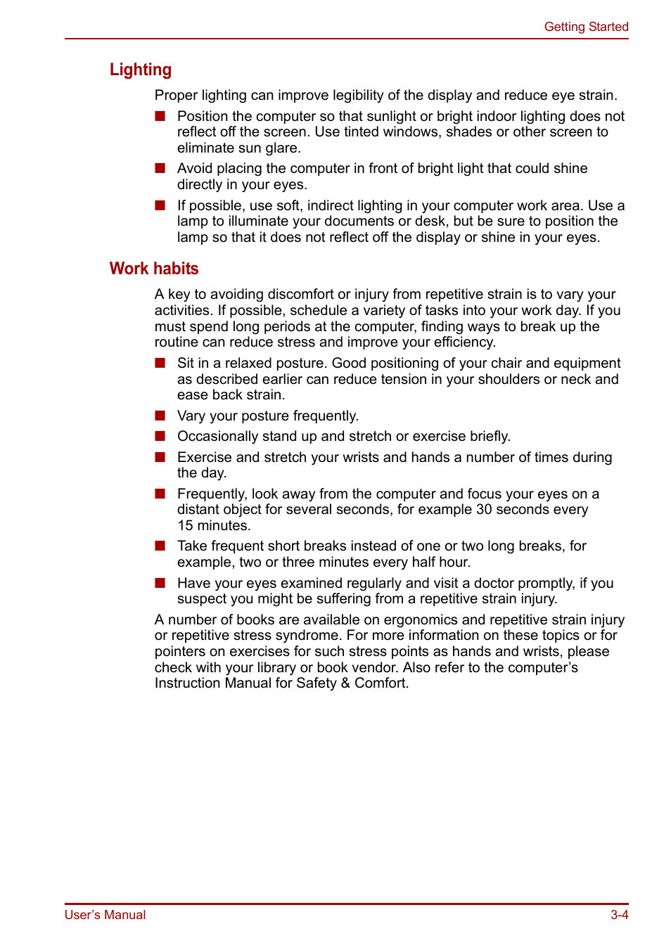 Lighting, Work habits | Toshiba Equium A100 (PSAAB) User Manual | Page 53 / 187