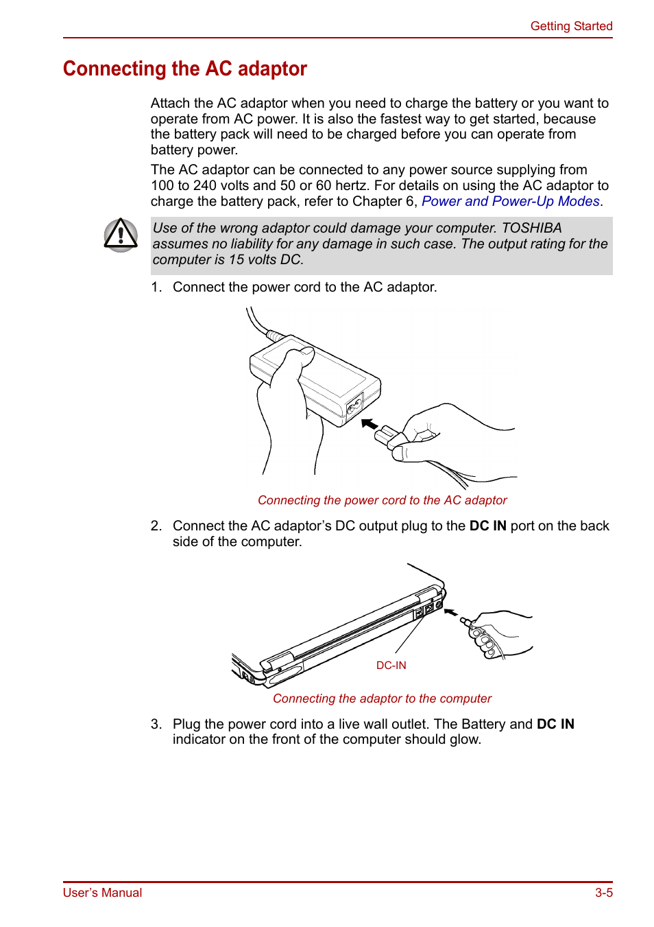 Connecting the ac adaptor, Connecting the ac adaptor -5 | Toshiba Equium A100 (PSAAB) User Manual | Page 54 / 187