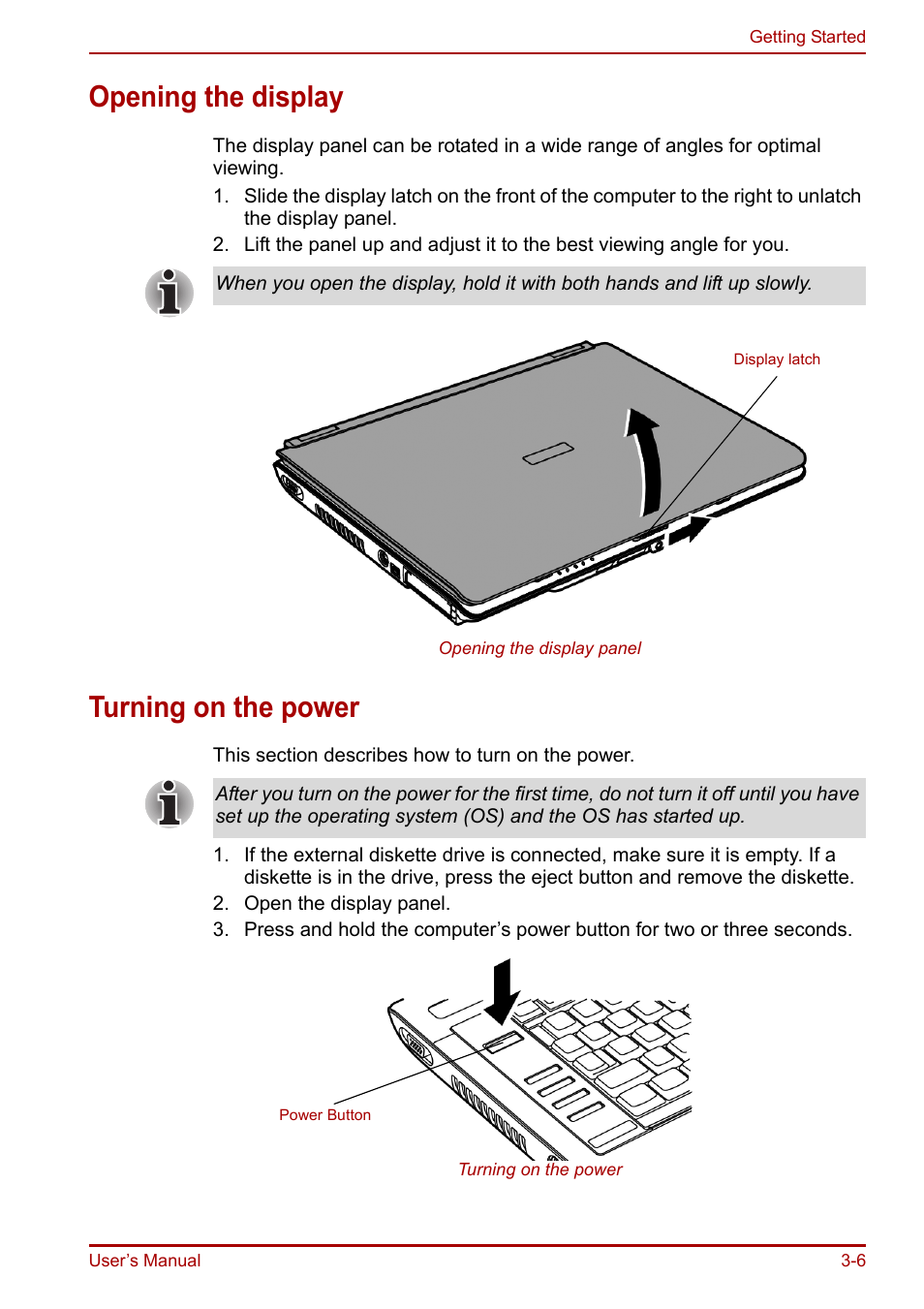 Opening the display, Turning on the power, Opening the display -6 turning on the power -6 | Toshiba Equium A100 (PSAAB) User Manual | Page 55 / 187