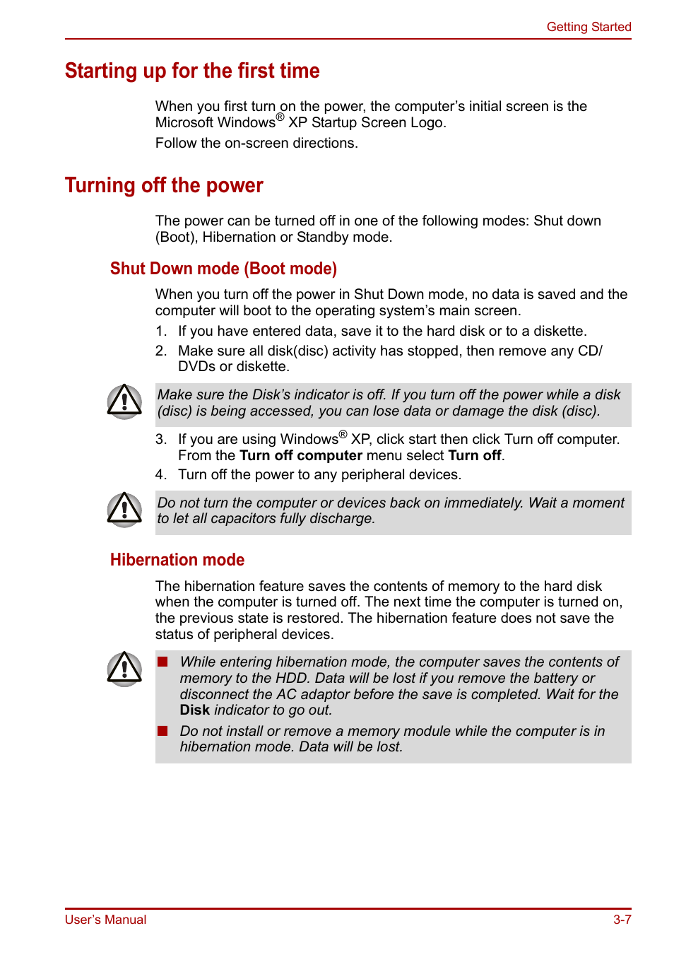 Starting up for the first time, Turning off the power, Shut down mode (boot mode) | Hibernation mode | Toshiba Equium A100 (PSAAB) User Manual | Page 56 / 187