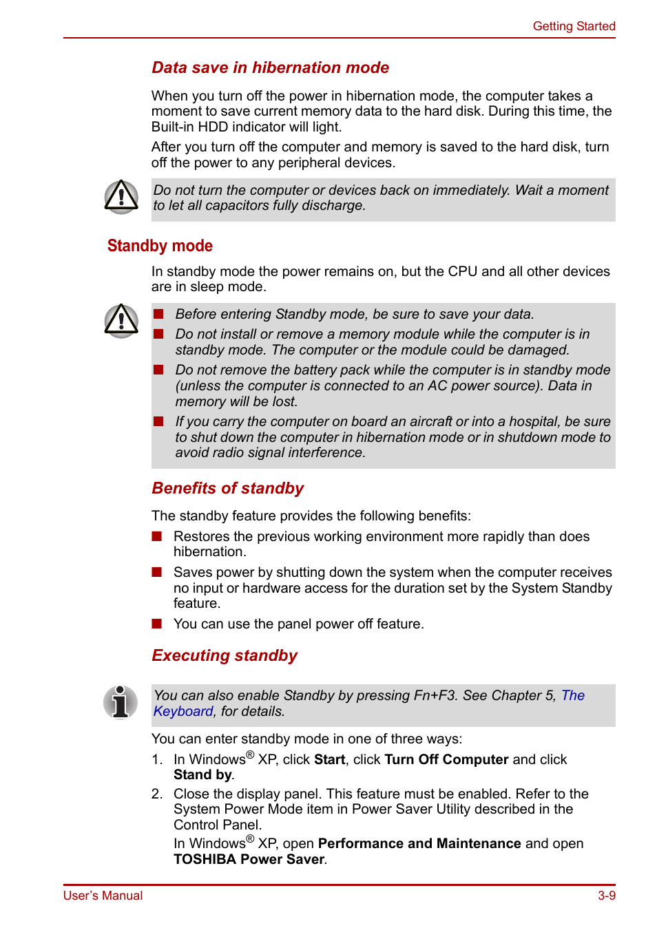 Standby mode | Toshiba Equium A100 (PSAAB) User Manual | Page 58 / 187