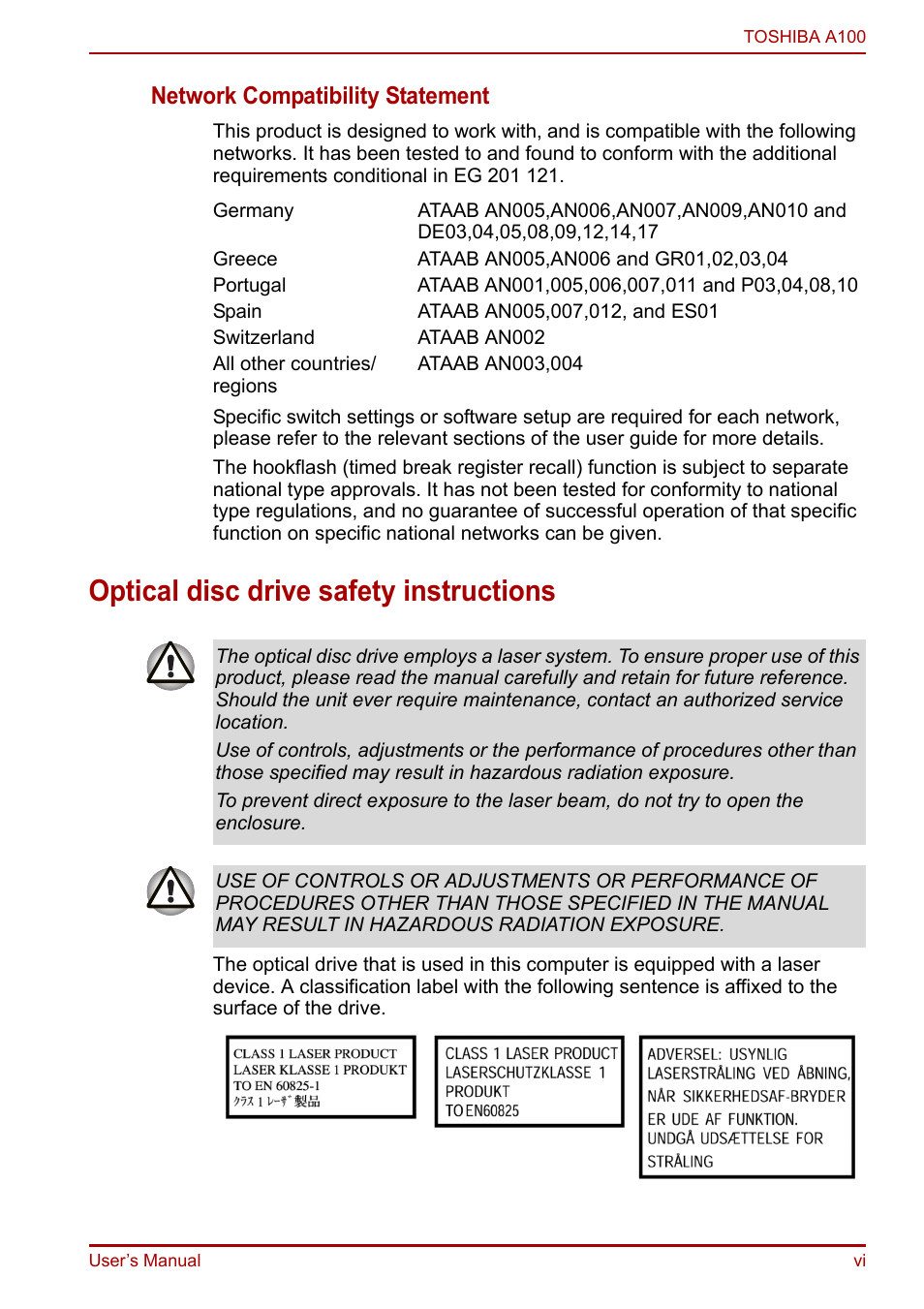 Optical disc drive safety instructions, Network compatibility statement | Toshiba Equium A100 (PSAAB) User Manual | Page 6 / 187