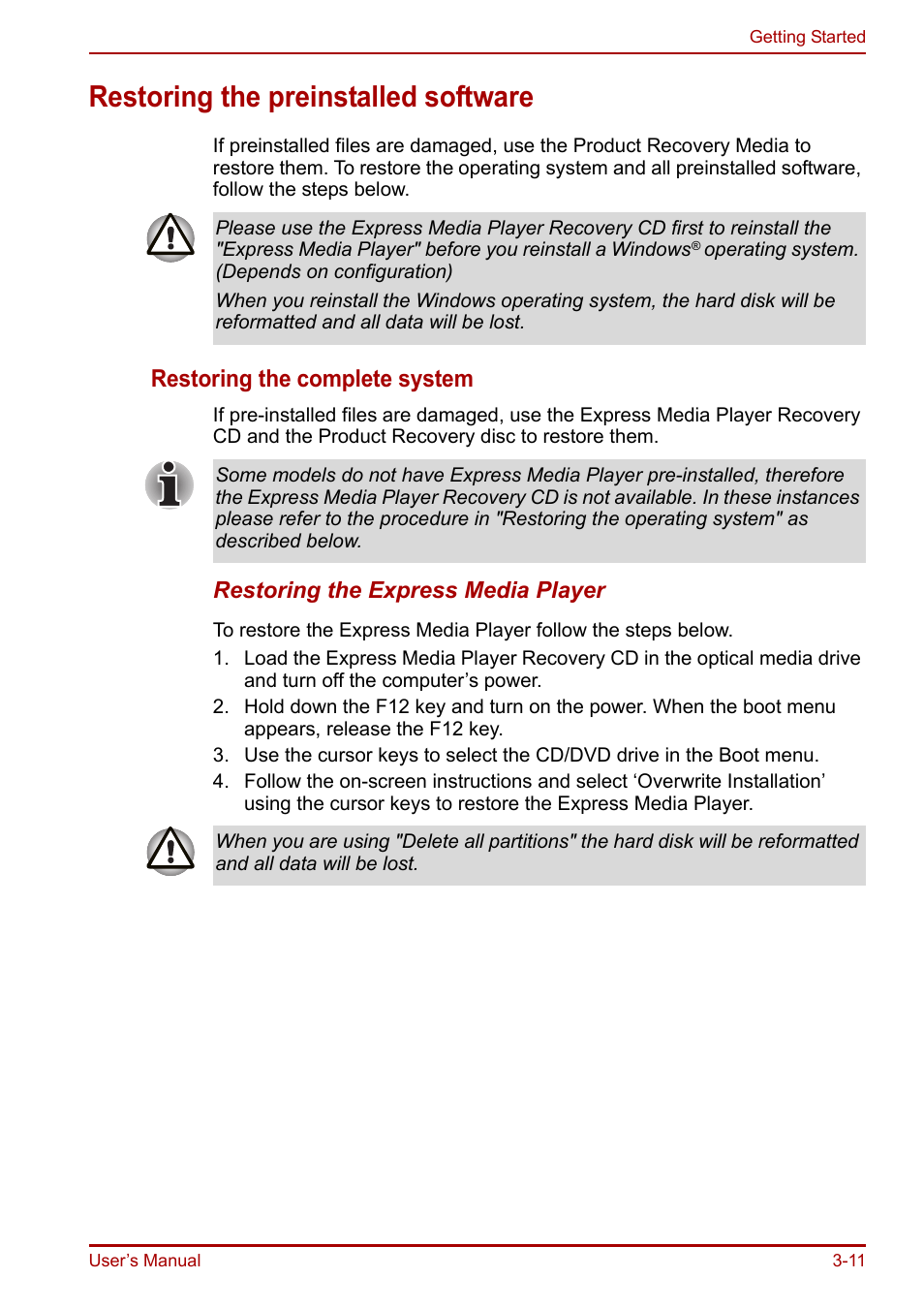 Restoring the preinstalled software, Restoring the preinstalled software -11, Restoring the complete system | Toshiba Equium A100 (PSAAB) User Manual | Page 60 / 187