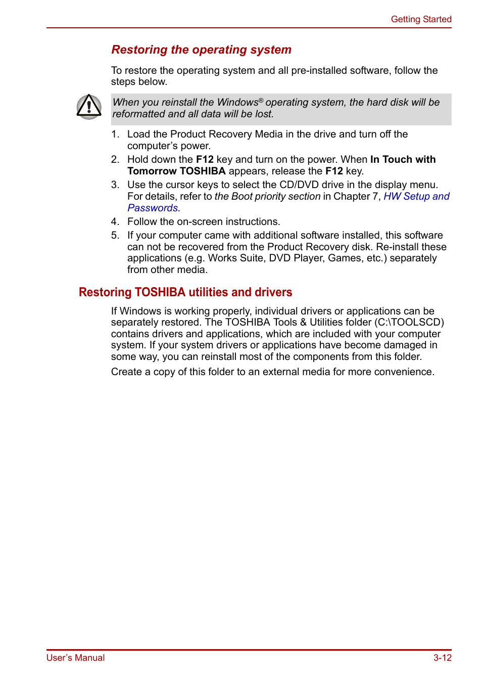 Restoring toshiba utilities and drivers | Toshiba Equium A100 (PSAAB) User Manual | Page 61 / 187