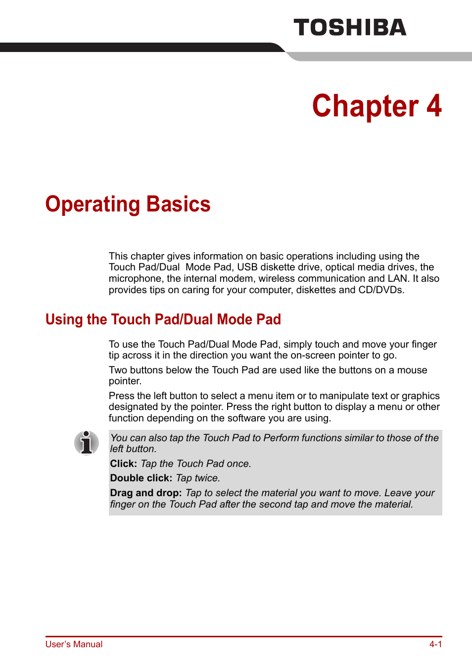 Chapter 4: operating basics, Using the touch pad/dual mode pad, Operating basics | Incl, Chapter 4, Using the touch pad/dual mode pad -1 | Toshiba Equium A100 (PSAAB) User Manual | Page 62 / 187