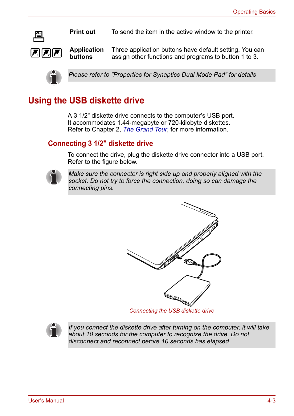 Using the usb diskette drive, Using the usb diskette drive -3, Connecting 3 1/2" diskette drive | Toshiba Equium A100 (PSAAB) User Manual | Page 64 / 187