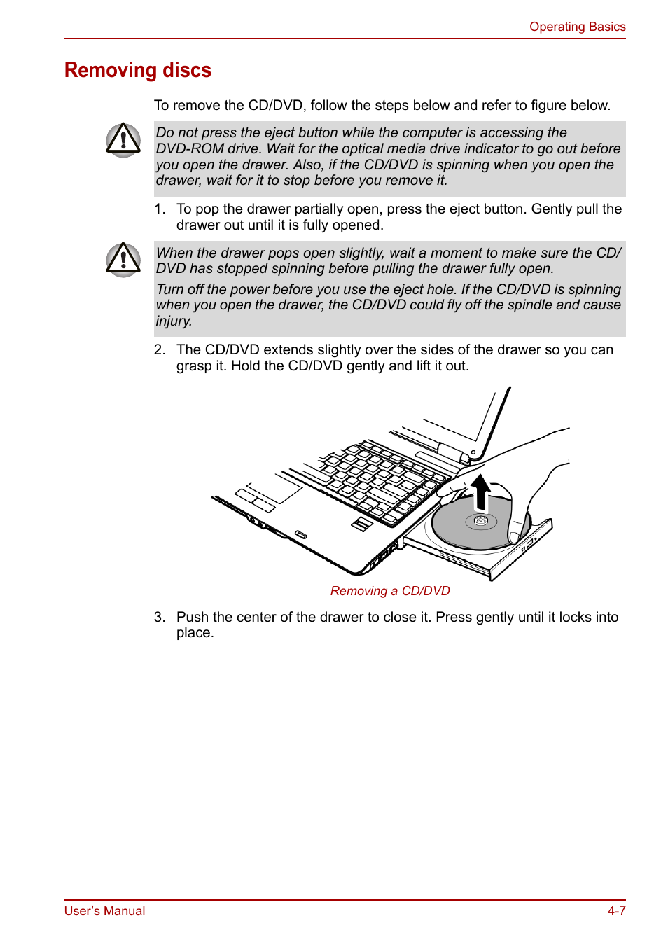 Removing discs, Removing discs -7 | Toshiba Equium A100 (PSAAB) User Manual | Page 68 / 187
