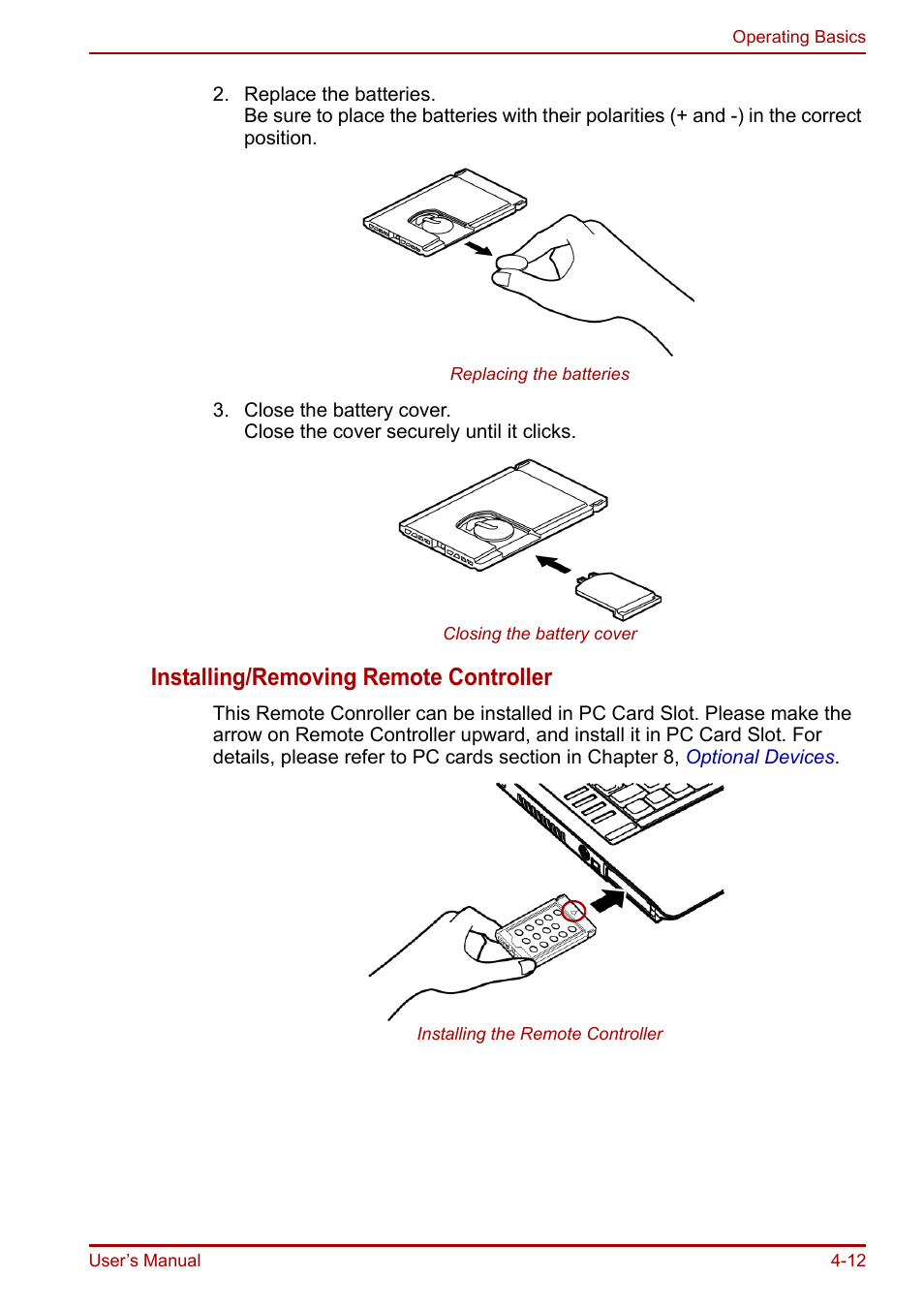 Installing/removing remote controller | Toshiba Equium A100 (PSAAB) User Manual | Page 73 / 187
