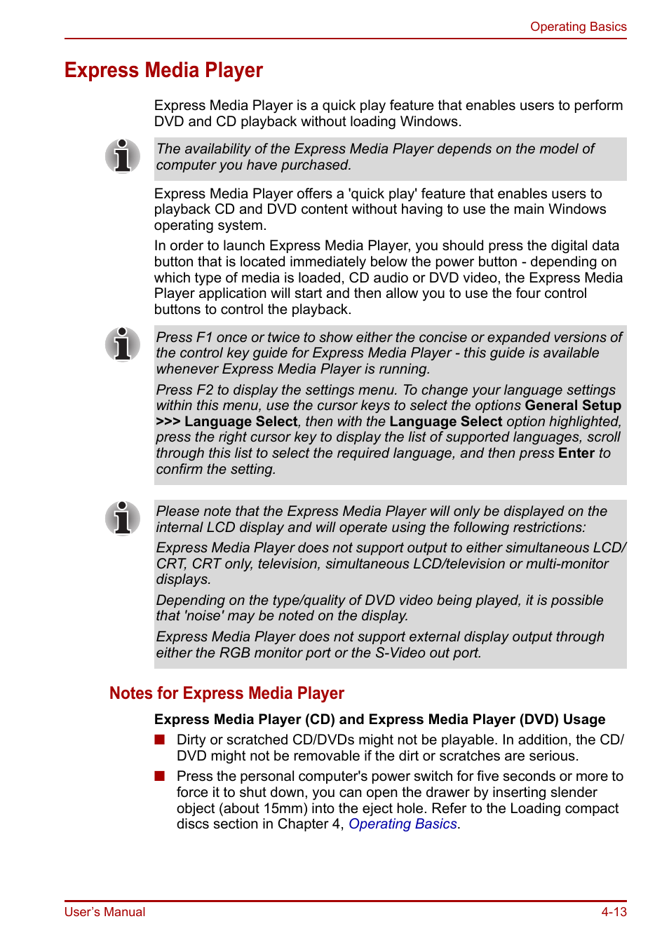 Express media player, Express media player -13 | Toshiba Equium A100 (PSAAB) User Manual | Page 74 / 187