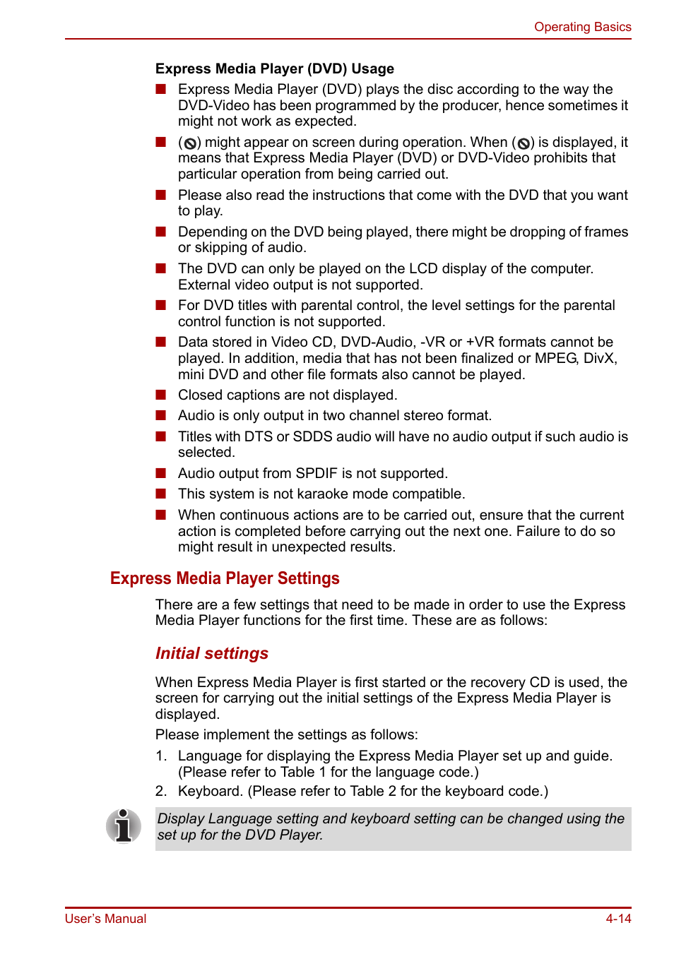 Express media player settings | Toshiba Equium A100 (PSAAB) User Manual | Page 75 / 187