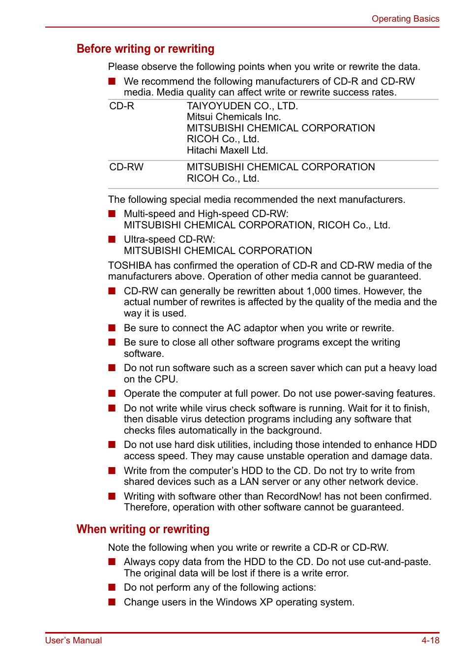 Before writing or rewriting, When writing or rewriting | Toshiba Equium A100 (PSAAB) User Manual | Page 79 / 187