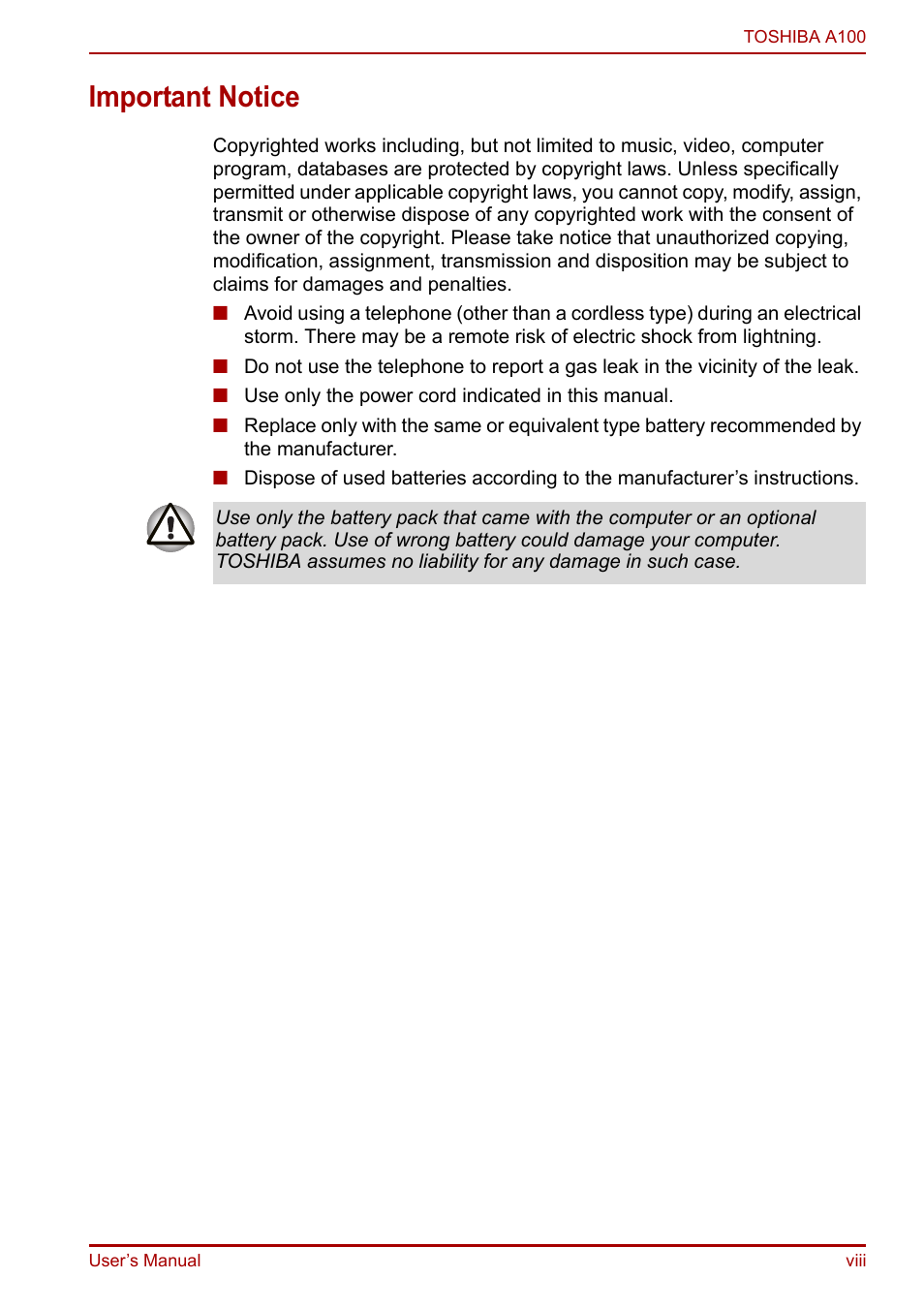 Important notice | Toshiba Equium A100 (PSAAB) User Manual | Page 8 / 187