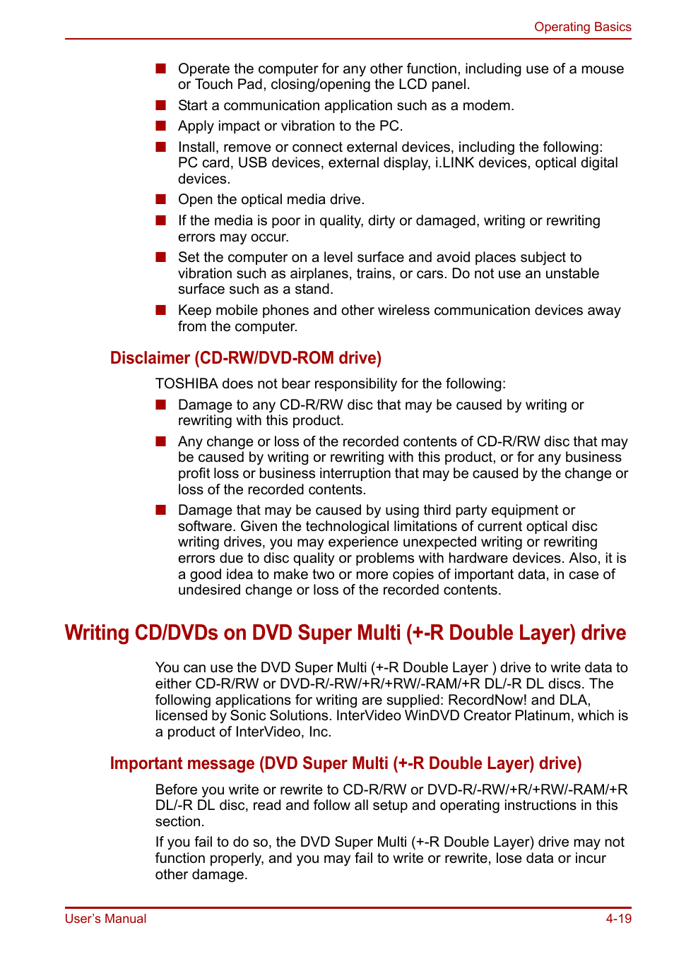 Disclaimer (cd-rw/dvd-rom drive) | Toshiba Equium A100 (PSAAB) User Manual | Page 80 / 187
