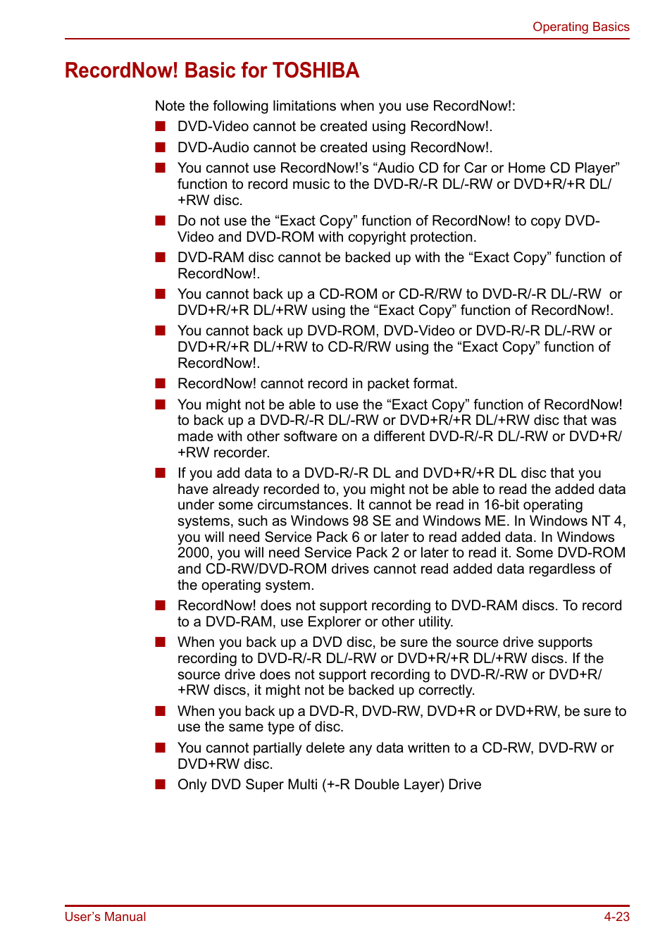 Recordnow! basic for toshiba, Recordnow! basic for toshiba -23 | Toshiba Equium A100 (PSAAB) User Manual | Page 84 / 187