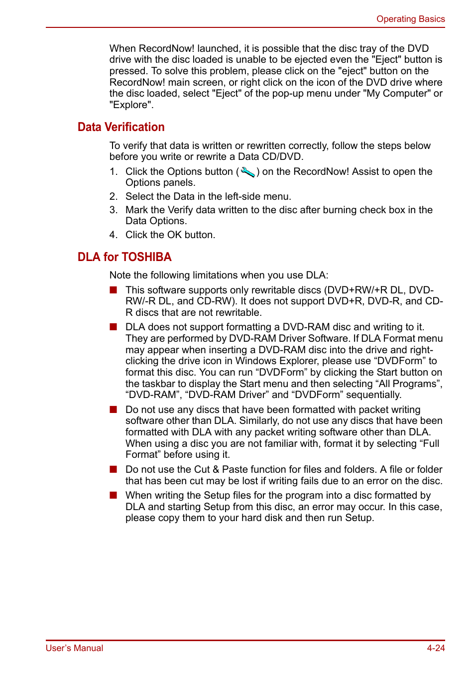 Data verification, Dla for toshiba | Toshiba Equium A100 (PSAAB) User Manual | Page 85 / 187