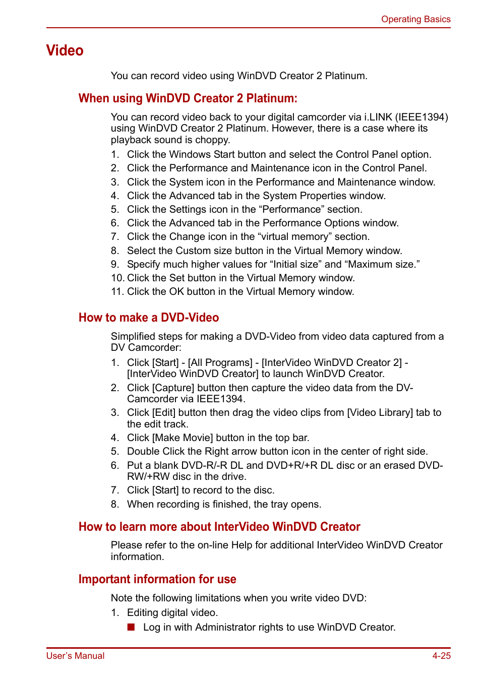 Video, Video -25 | Toshiba Equium A100 (PSAAB) User Manual | Page 86 / 187