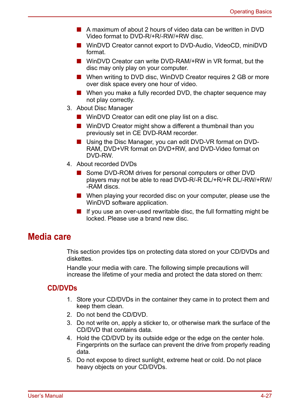 Media care, Media care -27, Cd/dvds | Toshiba Equium A100 (PSAAB) User Manual | Page 88 / 187