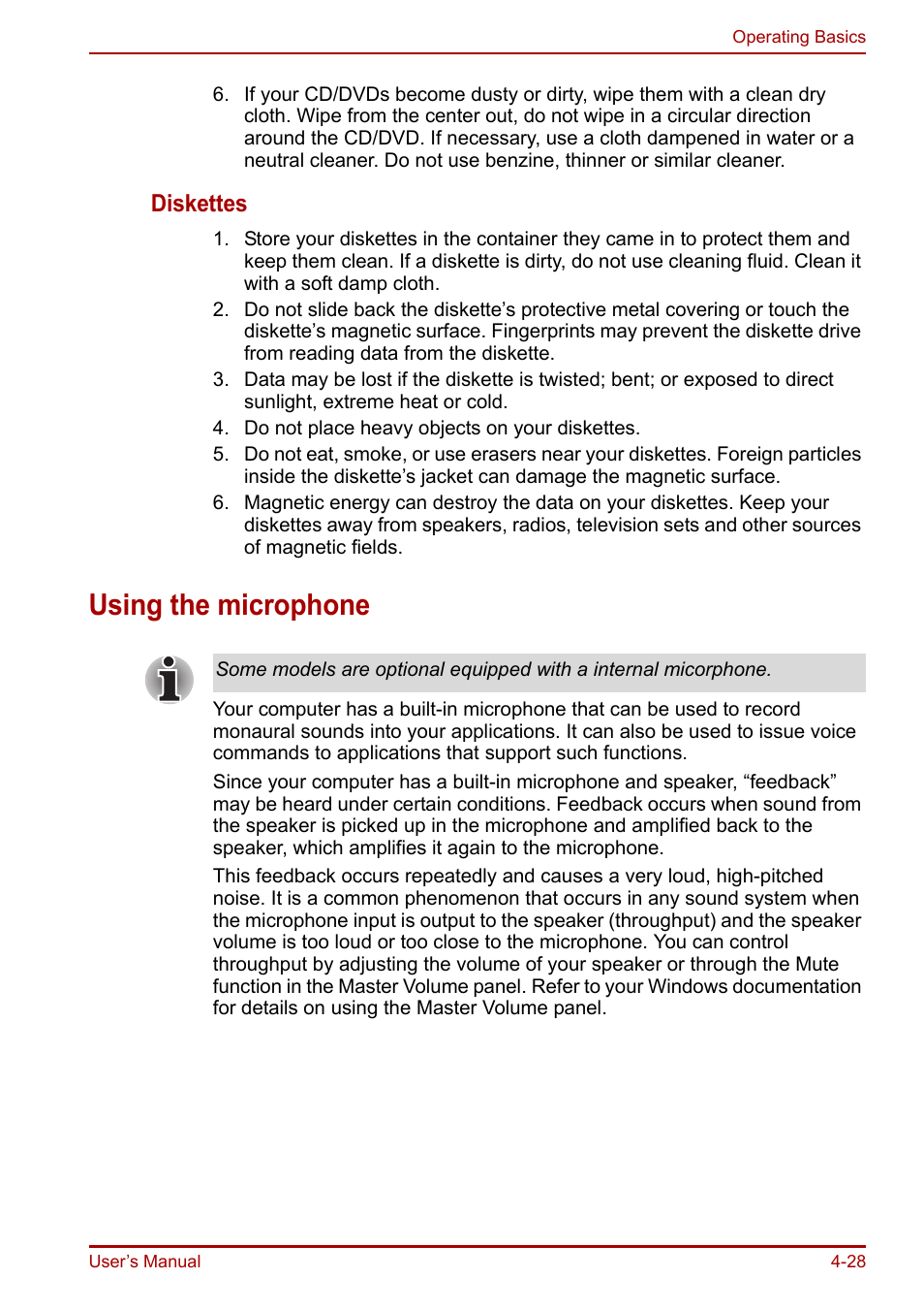 Using the microphone, Using the microphone -28, Diskettes | Toshiba Equium A100 (PSAAB) User Manual | Page 89 / 187