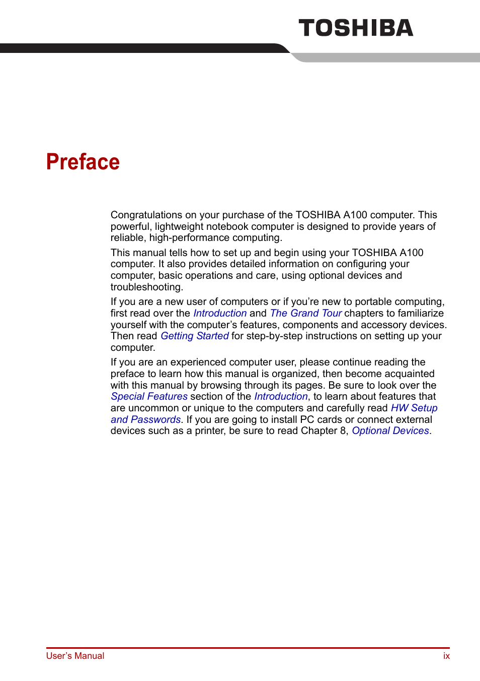 Preface | Toshiba Equium A100 (PSAAB) User Manual | Page 9 / 187