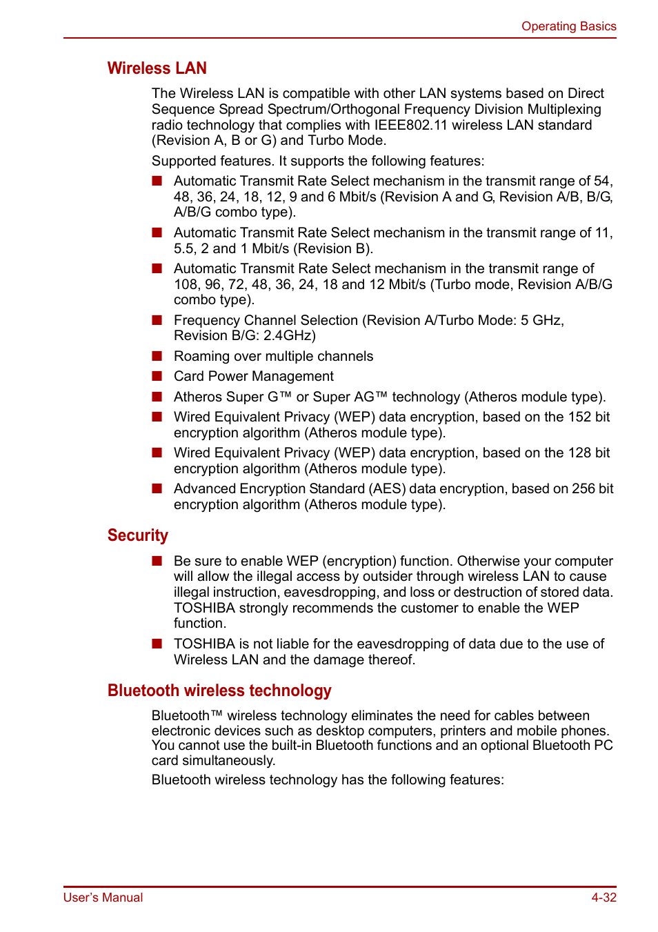 Wireless lan, Security, Bluetooth wireless technology | Toshiba Equium A100 (PSAAB) User Manual | Page 93 / 187