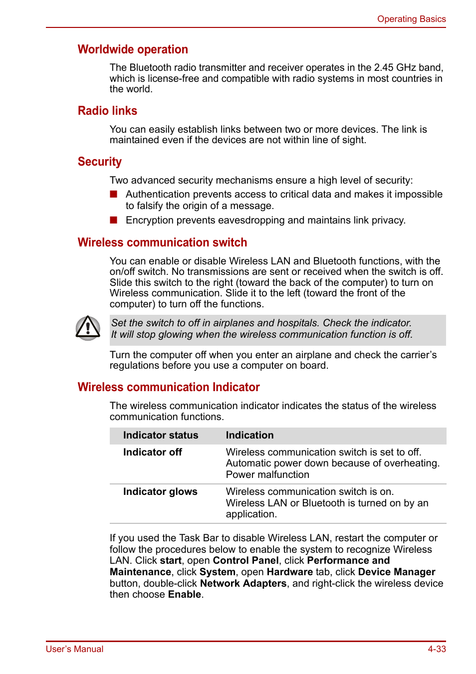 Worldwide operation, Radio links, Security | Wireless communication switch, Wireless communication indicator | Toshiba Equium A100 (PSAAB) User Manual | Page 94 / 187