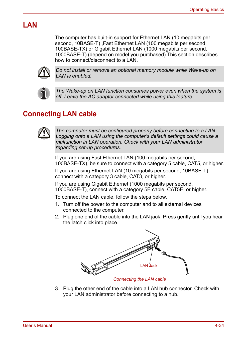 Connecting lan cable, Lan -34 connecting lan cable -34 | Toshiba Equium A100 (PSAAB) User Manual | Page 95 / 187