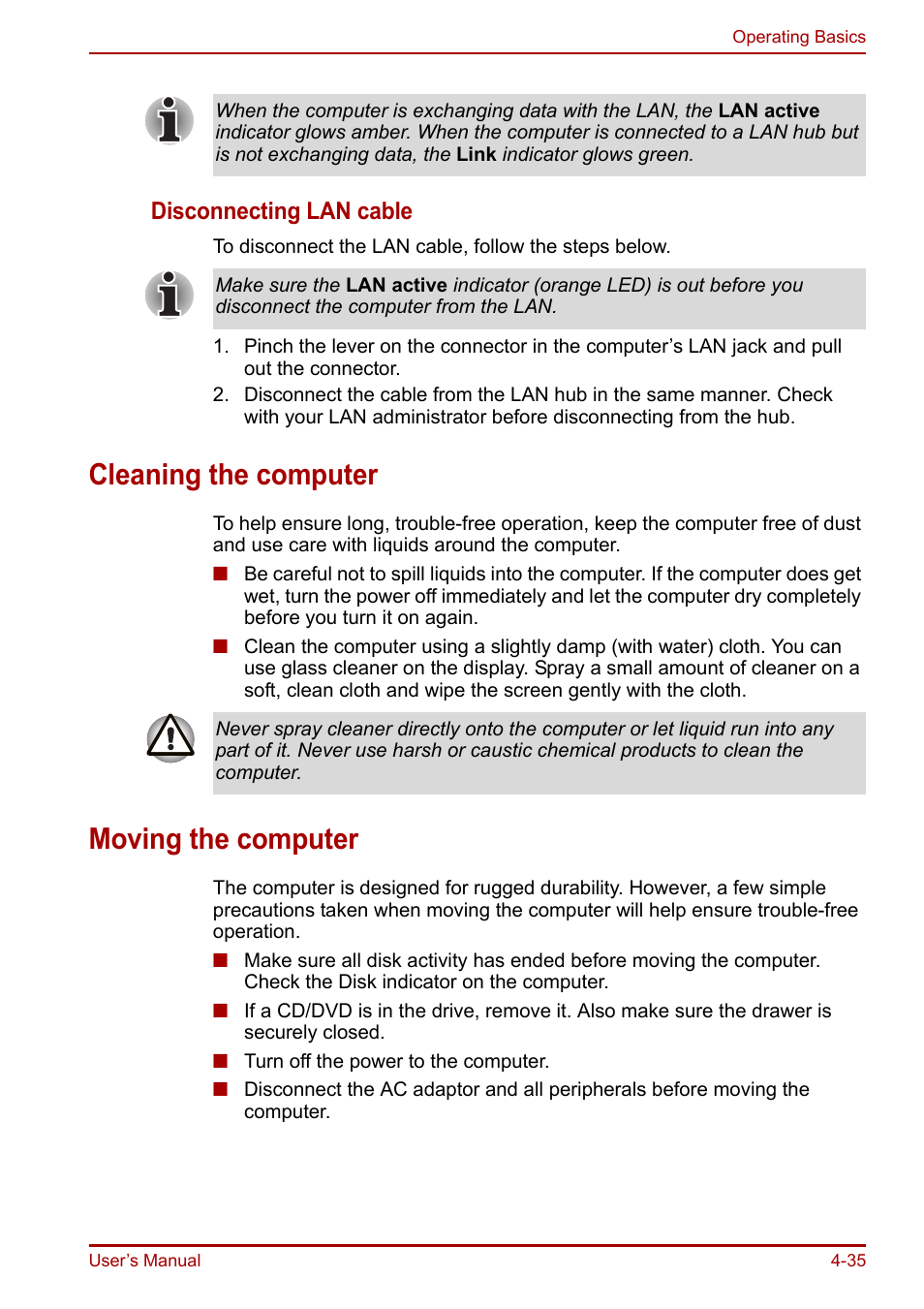 Cleaning the computer, Moving the computer, Cleaning the computer -35 moving the computer -35 | Disconnecting lan cable | Toshiba Equium A100 (PSAAB) User Manual | Page 96 / 187