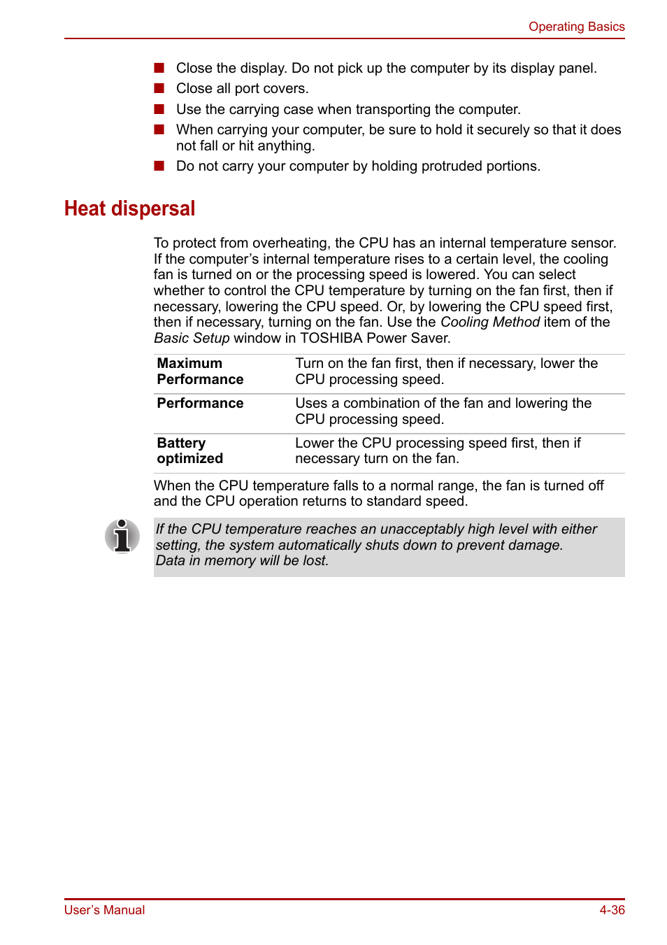 Heat dispersal, Heat dispersal -36 | Toshiba Equium A100 (PSAAB) User Manual | Page 97 / 187