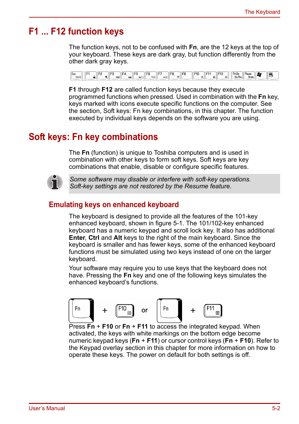 F1 ... f12 function keys, Soft keys: fn key combinations, Emulating keys on enhanced keyboard | Toshiba Equium A100 (PSAAB) User Manual | Page 99 / 187