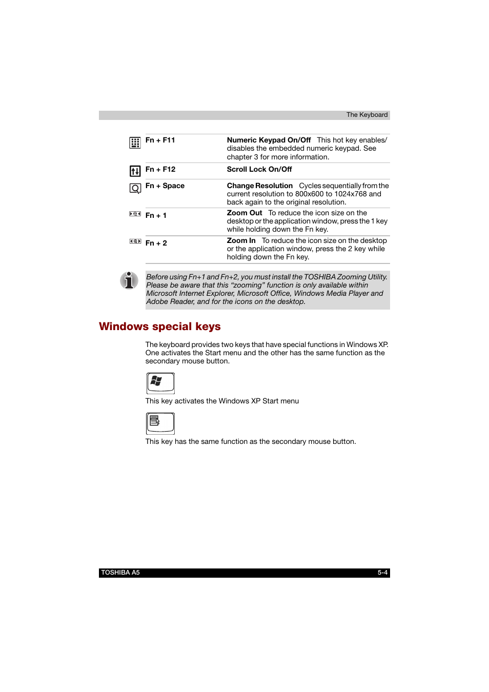 Windows special keys, Windows special keys -4 | Toshiba Tecra A5 User Manual | Page 100 / 178