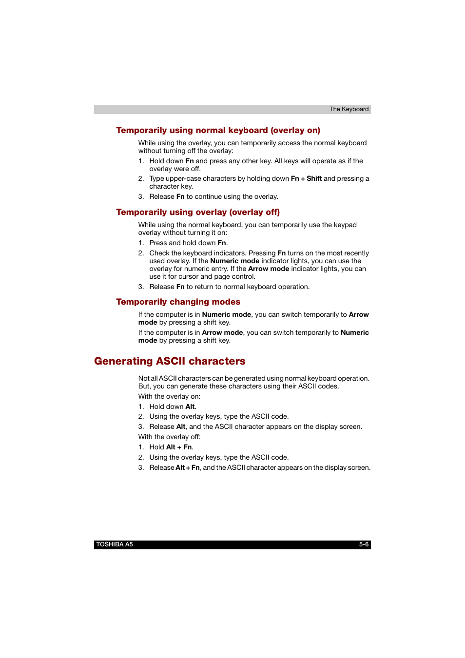 Temporarily using normal keyboard (overlay on), Temporarily using overlay (overlay off), Temporarily changing modes | Generating ascii characters, Generating ascii characters -6 | Toshiba Tecra A5 User Manual | Page 102 / 178