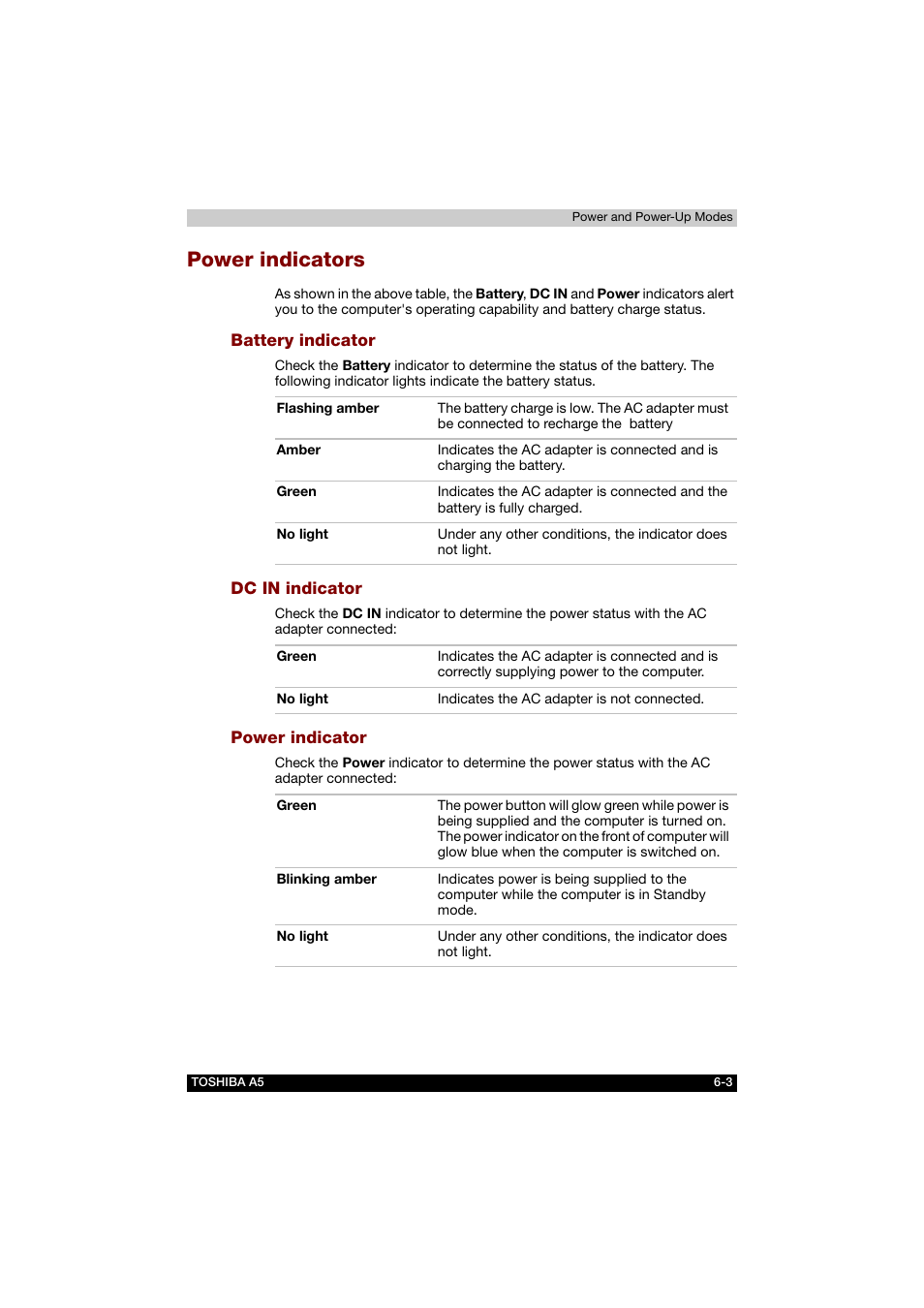 Power indicators, Battery indicator, Dc in indicator | Power indicator, Power indicators -3 | Toshiba Tecra A5 User Manual | Page 105 / 178