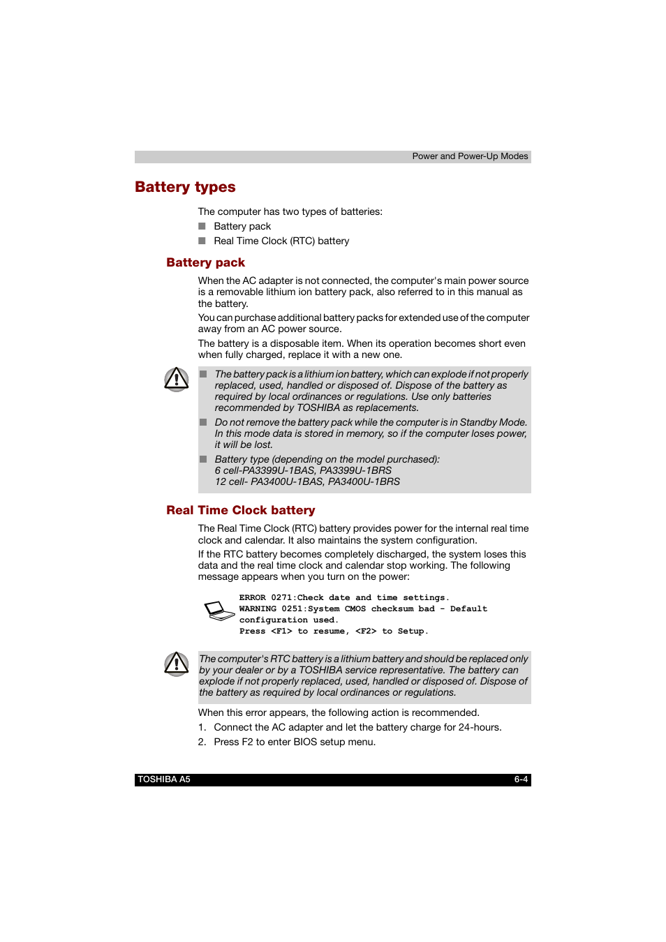 Battery types, Battery pack, Real time clock battery | Battery types -4 | Toshiba Tecra A5 User Manual | Page 106 / 178