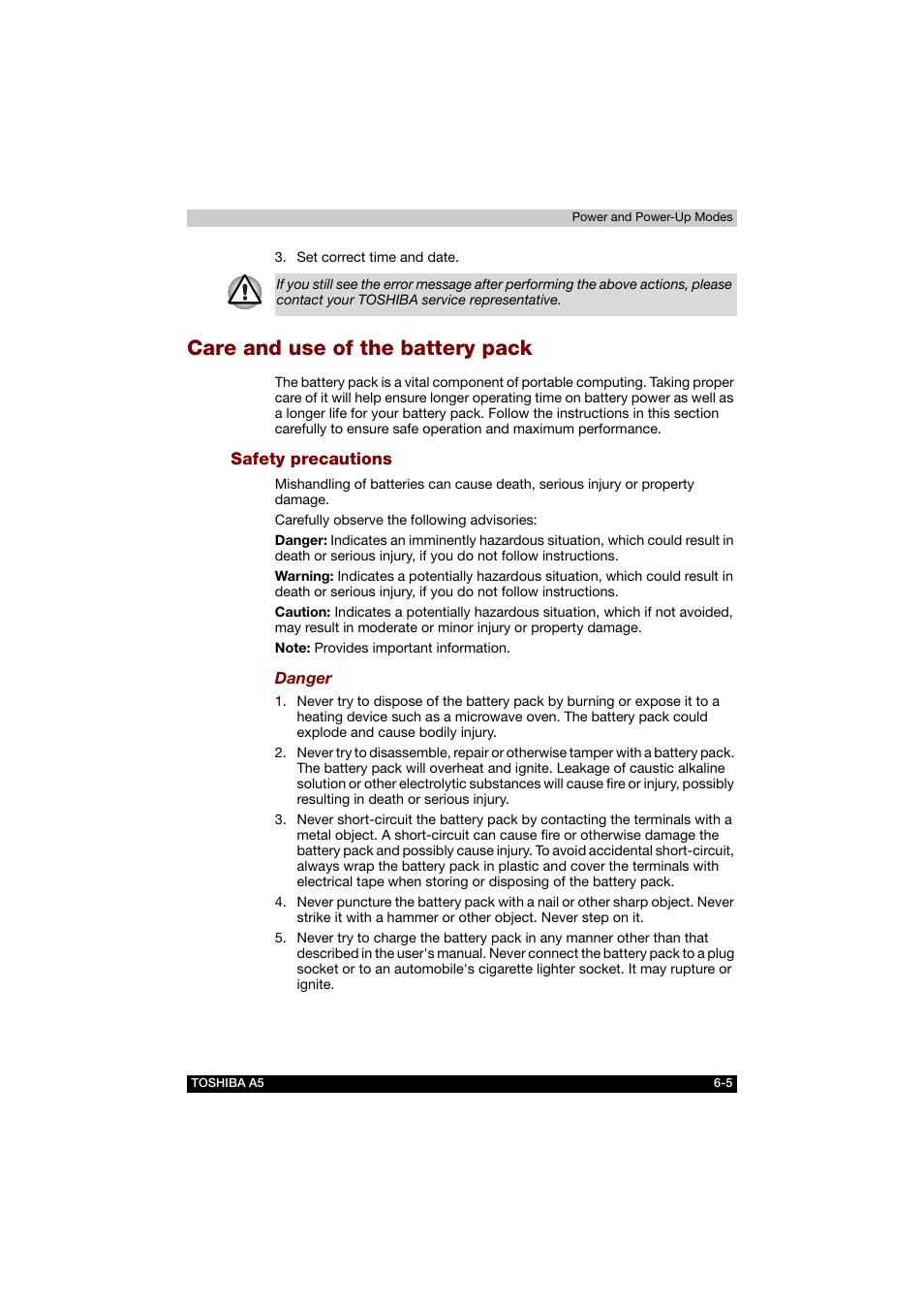 Care and use of the battery pack, Safety precautions, Care and use of the battery pack -5 | Toshiba Tecra A5 User Manual | Page 107 / 178