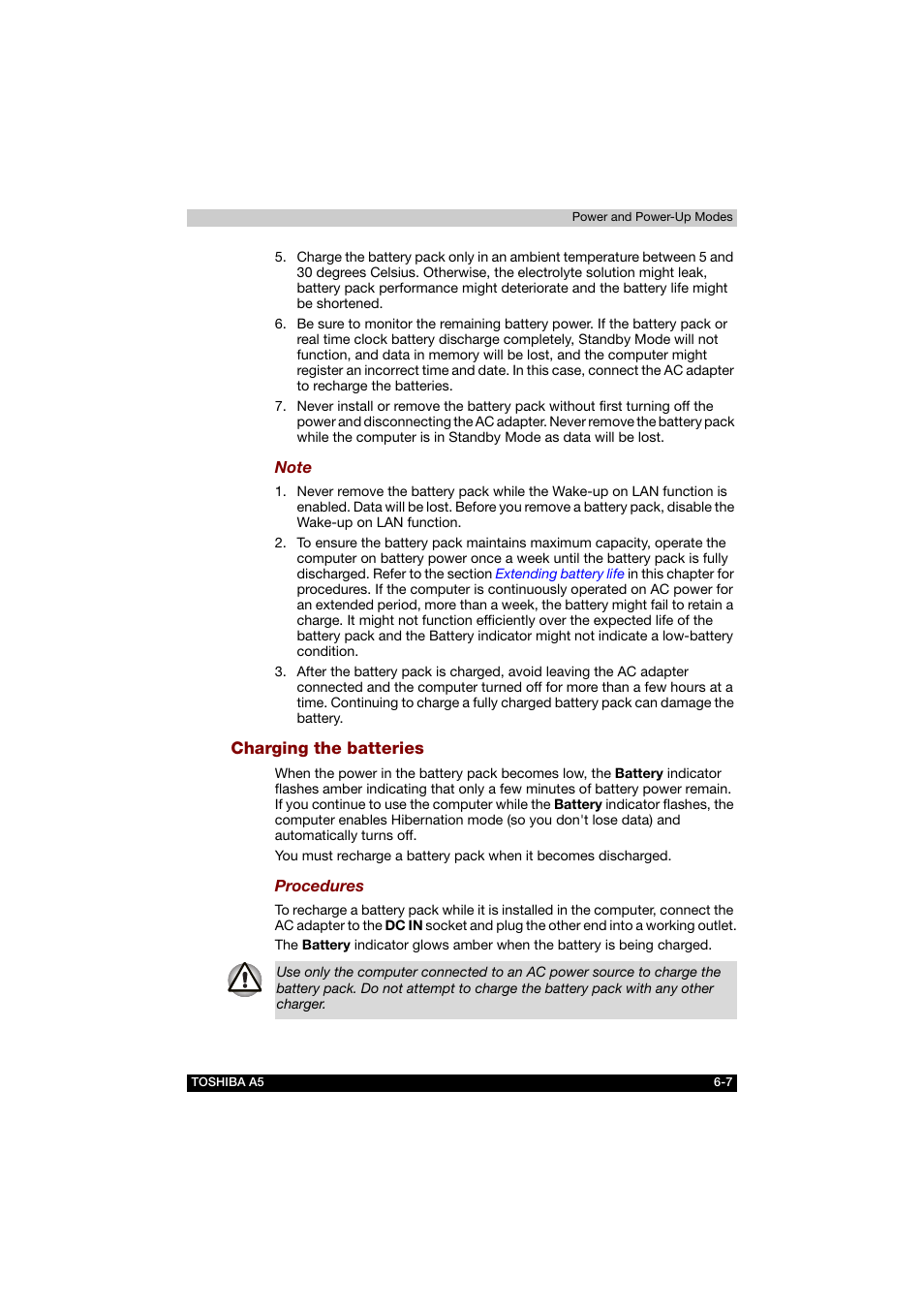 Charging the batteries | Toshiba Tecra A5 User Manual | Page 109 / 178