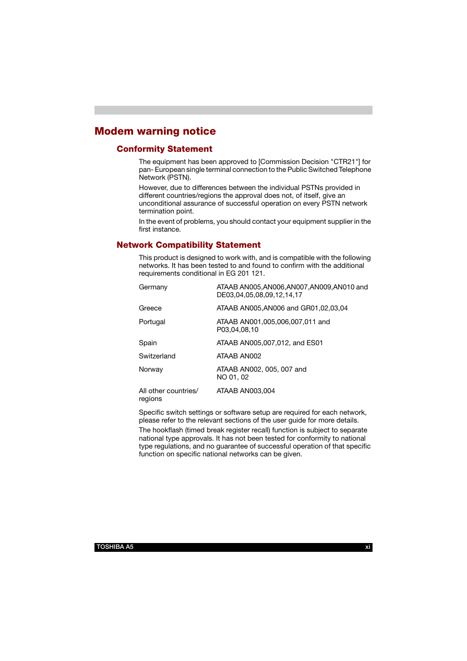 Modem warning notice | Toshiba Tecra A5 User Manual | Page 11 / 178