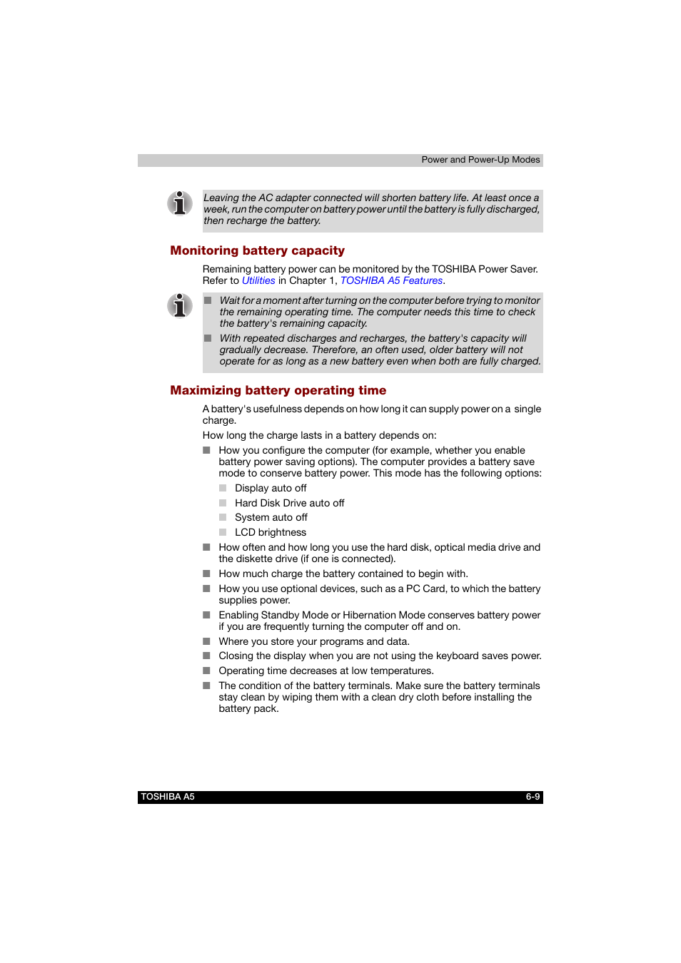 Monitoring battery capacity, Maximizing battery operating time | Toshiba Tecra A5 User Manual | Page 111 / 178