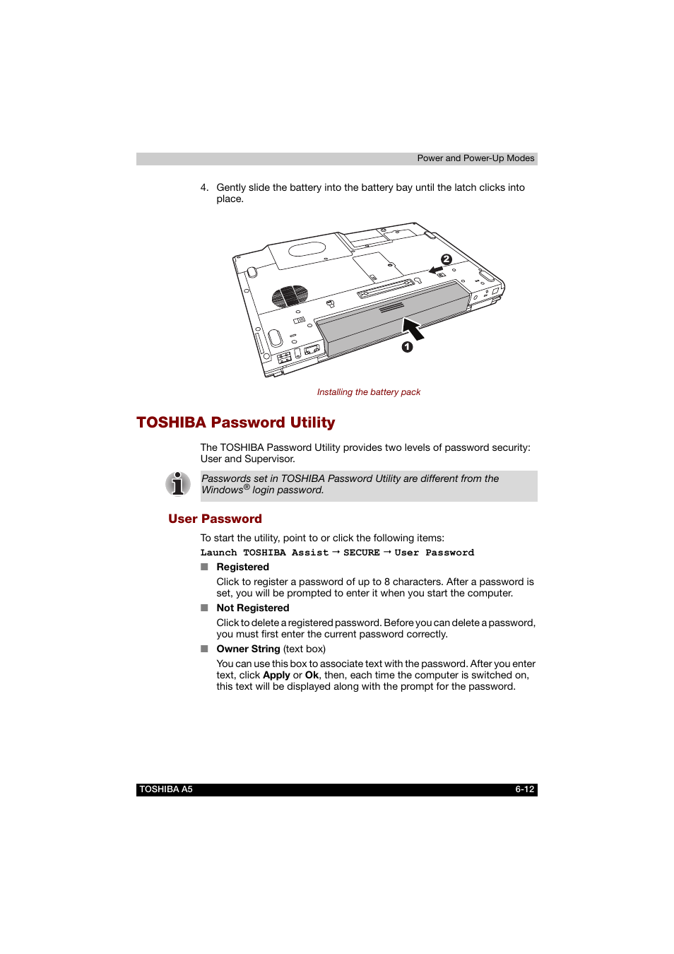 Toshiba password utility, User password, Toshiba password utility -12 | Toshiba Tecra A5 User Manual | Page 114 / 178