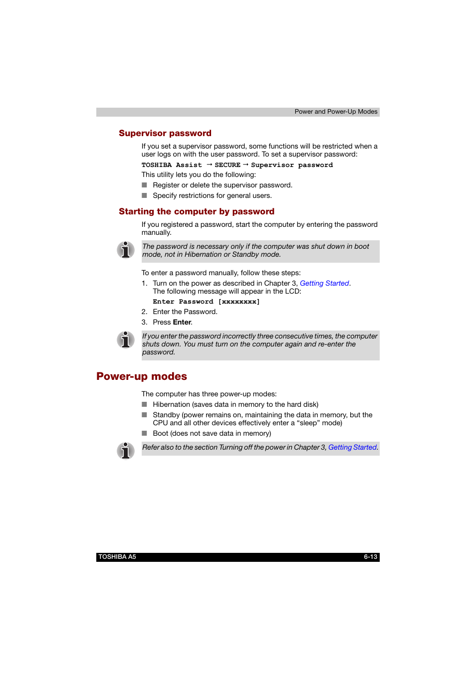 Supervisor password, Starting the computer by password, Power-up modes | Power-up modes -13 | Toshiba Tecra A5 User Manual | Page 115 / 178