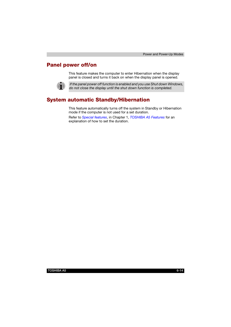 Panel power off/on, System automatic standby/hibernation | Toshiba Tecra A5 User Manual | Page 116 / 178