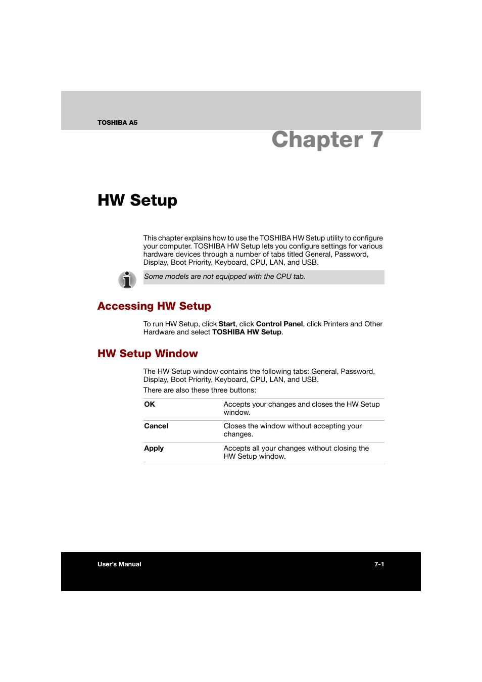 Chapter 7: hw setup, Accessing hw setup, Hw setup window | Chapter 7 hw setup, Accessing hw setup -1 hw setup window -1, Hw setup, Chapter 7 | Toshiba Tecra A5 User Manual | Page 117 / 178