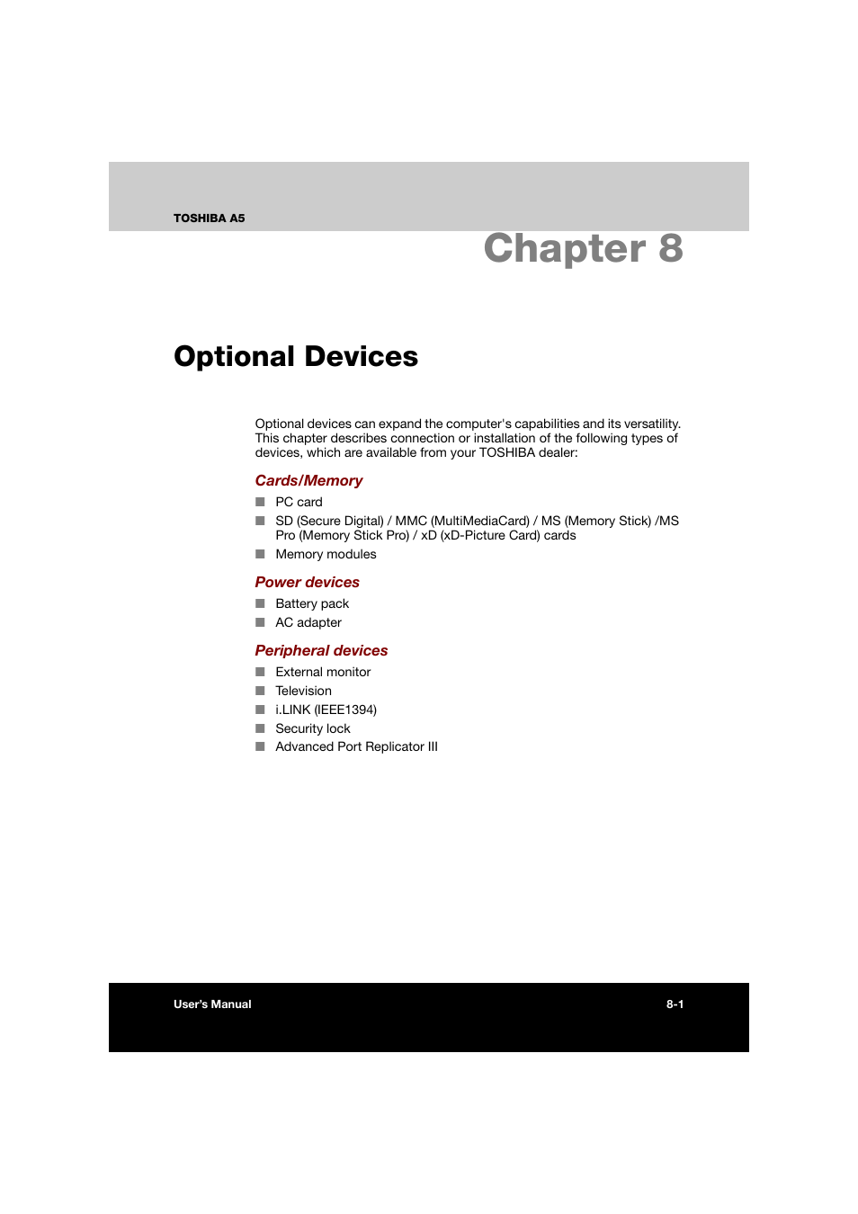 Chapter 8: optional devices, Chapter 8 optional devices, Optional devices | Optional, Devices, Chapter 8 | Toshiba Tecra A5 User Manual | Page 121 / 178