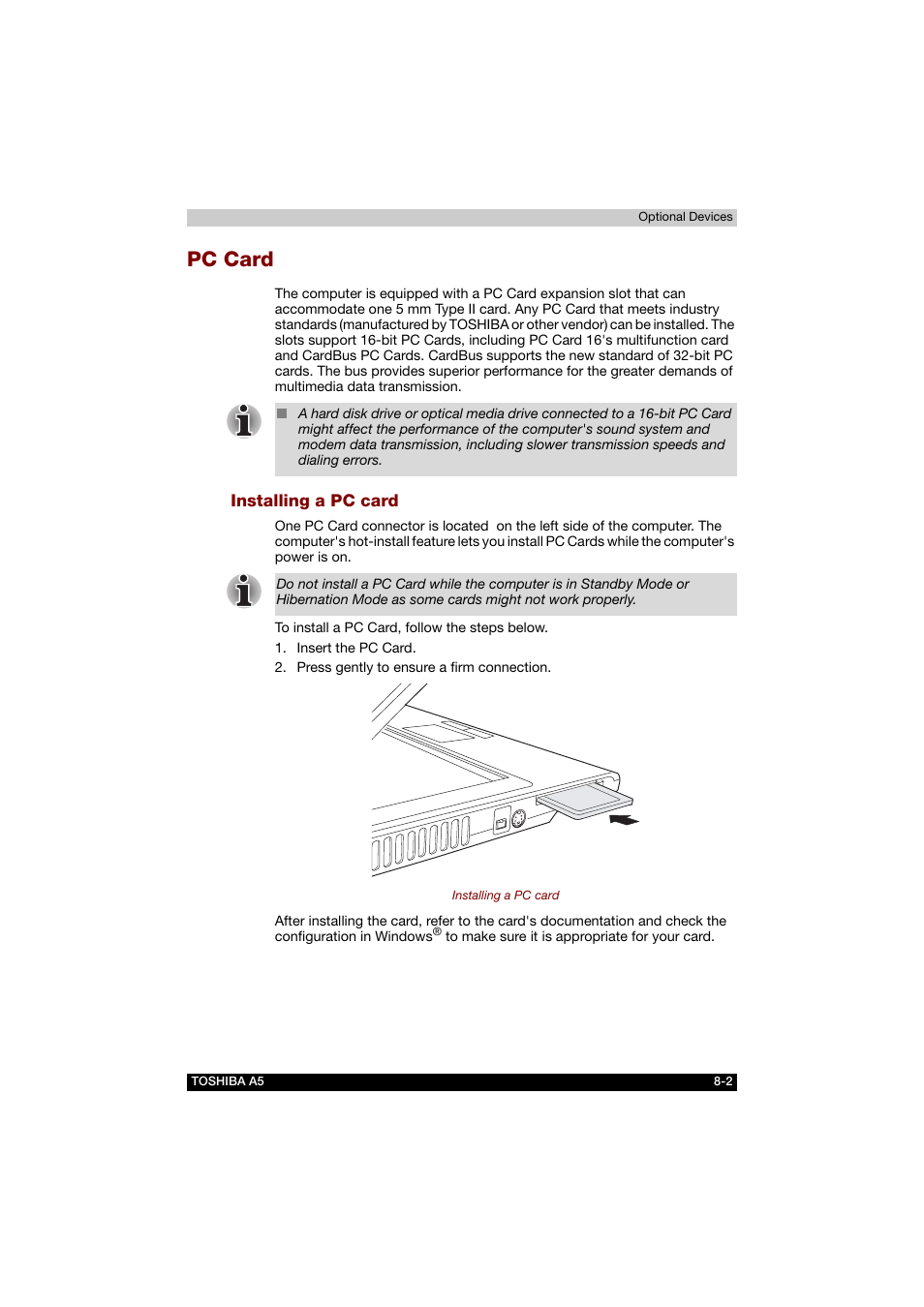 Pc card, Installing a pc card, Pc card -2 | Toshiba Tecra A5 User Manual | Page 122 / 178