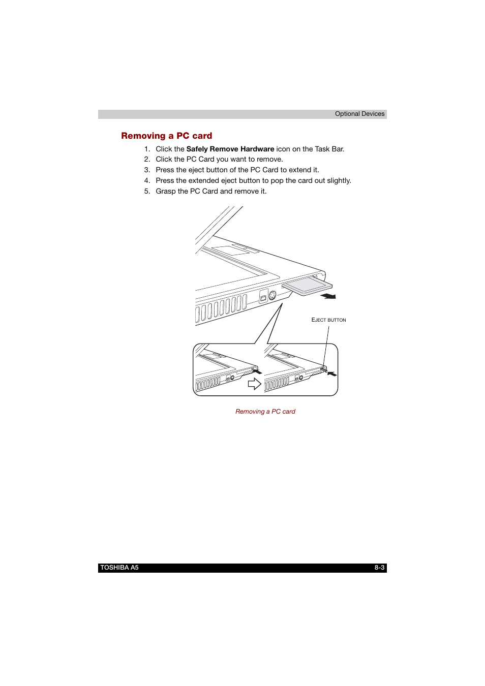 Removing a pc card | Toshiba Tecra A5 User Manual | Page 123 / 178