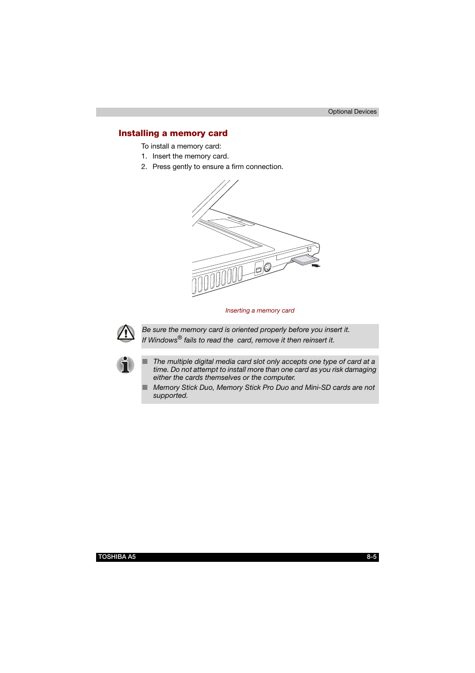 Installing a memory card | Toshiba Tecra A5 User Manual | Page 125 / 178