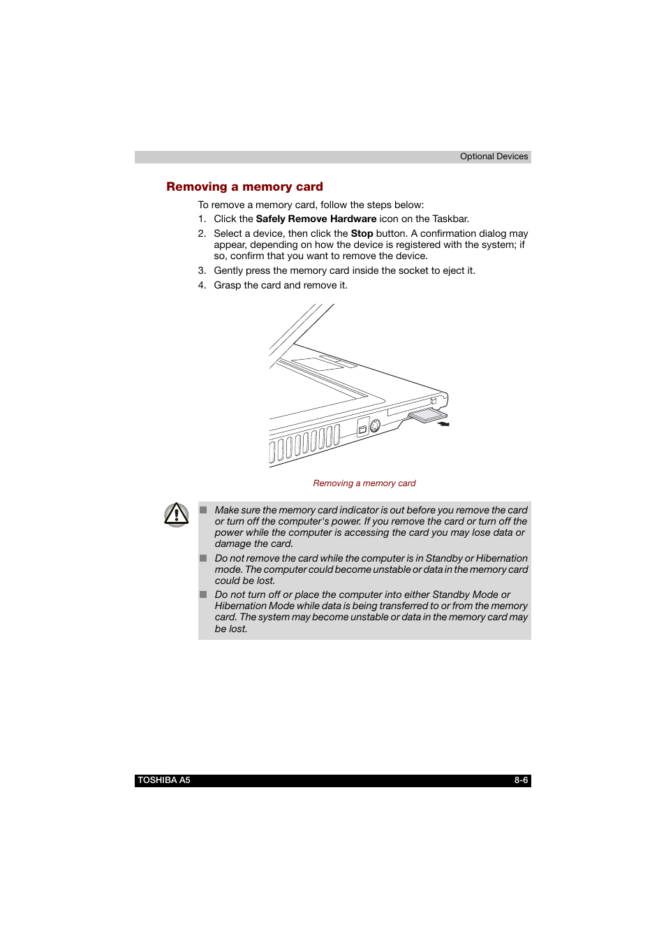 Removing a memory card | Toshiba Tecra A5 User Manual | Page 126 / 178