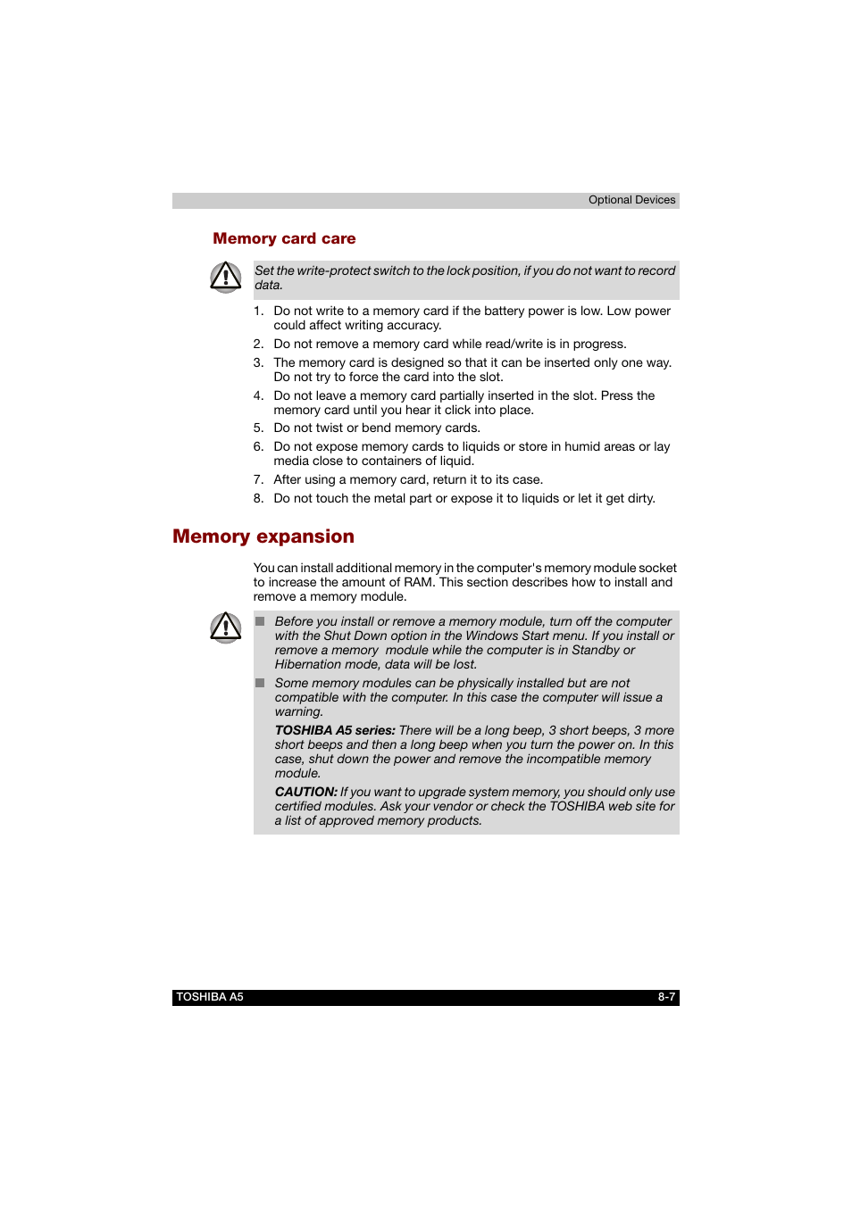 Memory card care, Memory expansion, Memory expansion -7 | Toshiba Tecra A5 User Manual | Page 127 / 178