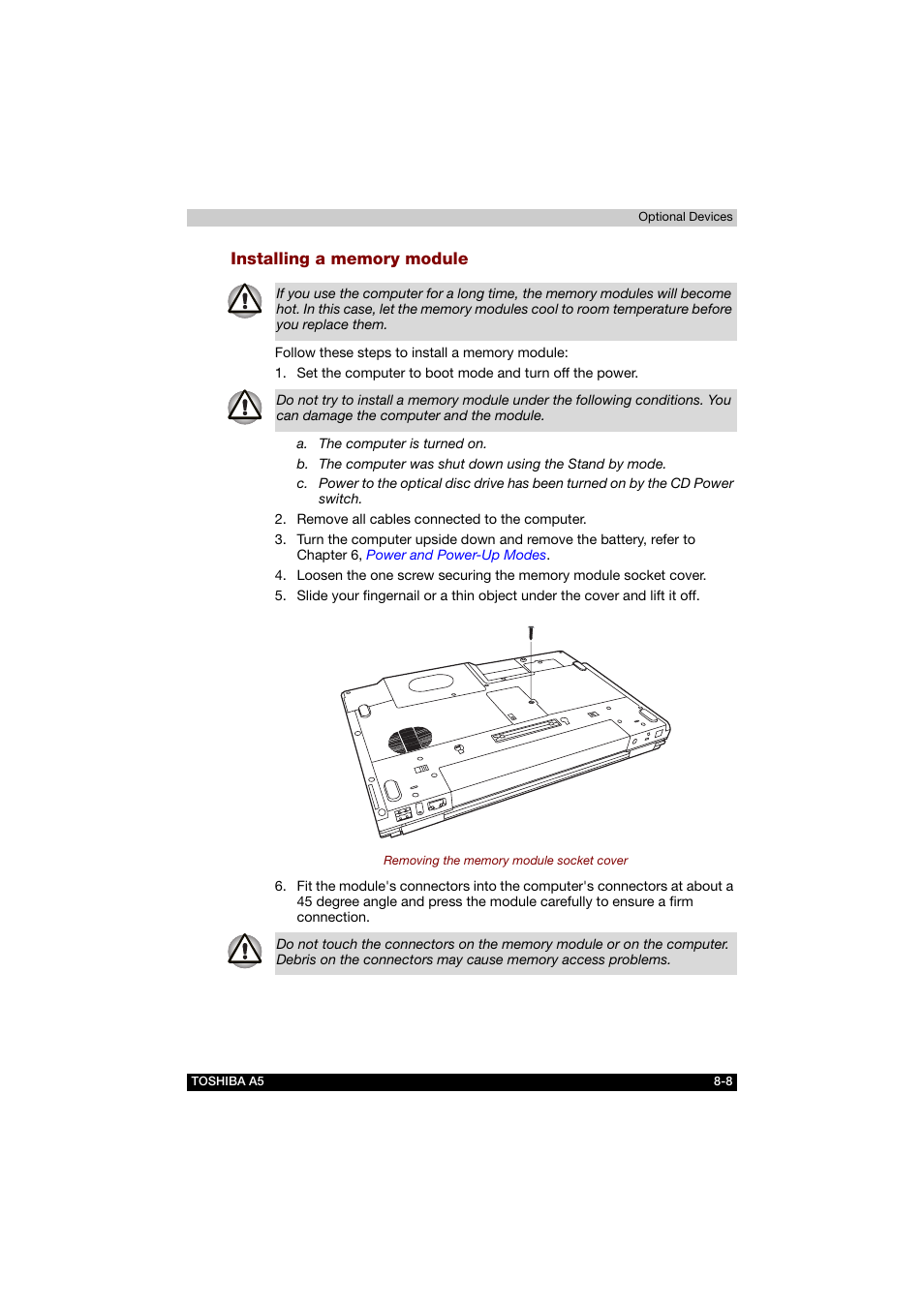 Installing a memory module | Toshiba Tecra A5 User Manual | Page 128 / 178